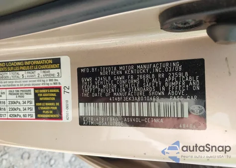 2010 Toyota Camry Le z USA, uszkodzony, nr VIN 4T4BF3EK3AR010469